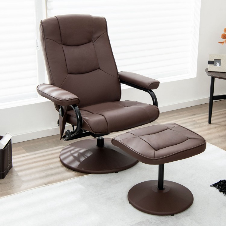 Brown 360° swivel massage recliner chair with ottoman, featuring adjustable backrest and cushioned armrests for.